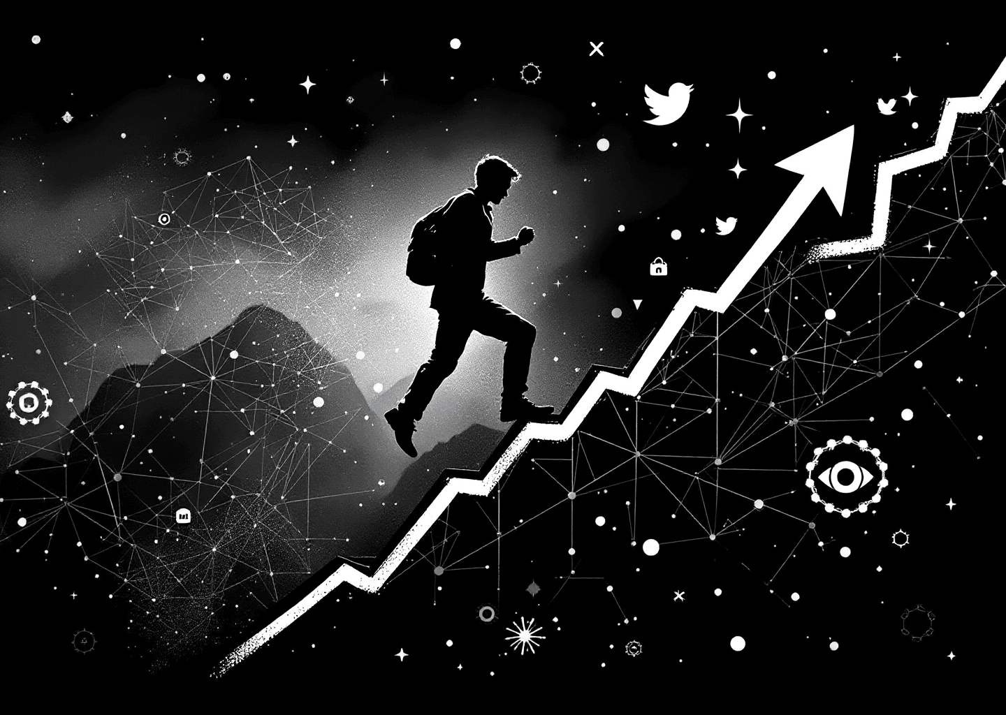 A Victorian engraving style illustration depicting a silhouette figure climbing a steep upward-trending chart. In the background, subtle elements of the X/Twitter logo, notification icons, and neural network patterns are woven into the design, symbolizing AI-powered growth on the platform. The style is detailed, monochromatic, and authoritative.