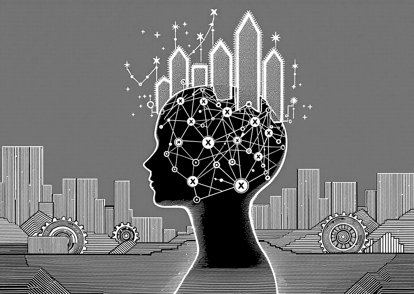 A Victorian engraving style illustration depicting a human silhouette head with a glowing neural network pattern inside. From the head, upward-trending charts and small X logos emerge. The background has subtle elements of a digital timeline and gears, symbolizing systems and process. Monochromatic, high-detail.