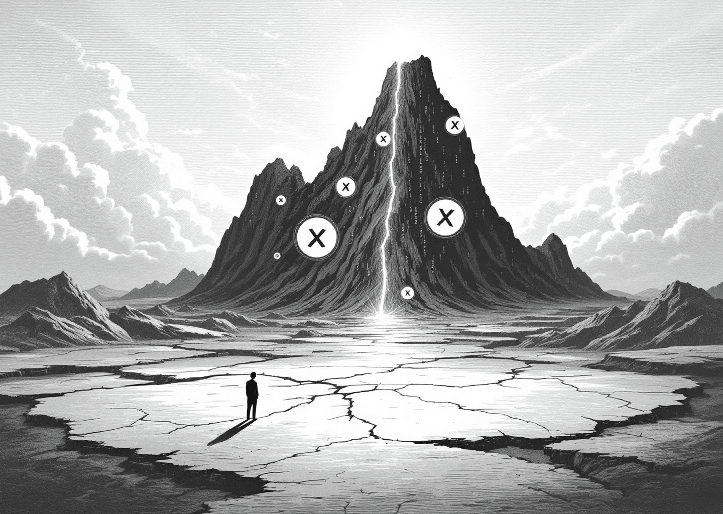 Victorian engraving style illustration of a figure standing on a flat, cracked plateau. In the distance, a steep upward-trending line chart pierces the clouds. Subtle digital elements like floating X logos and binary code are etched into the landscape. The style is detailed, monochromatic, and symbolic of breaking through stagnation.