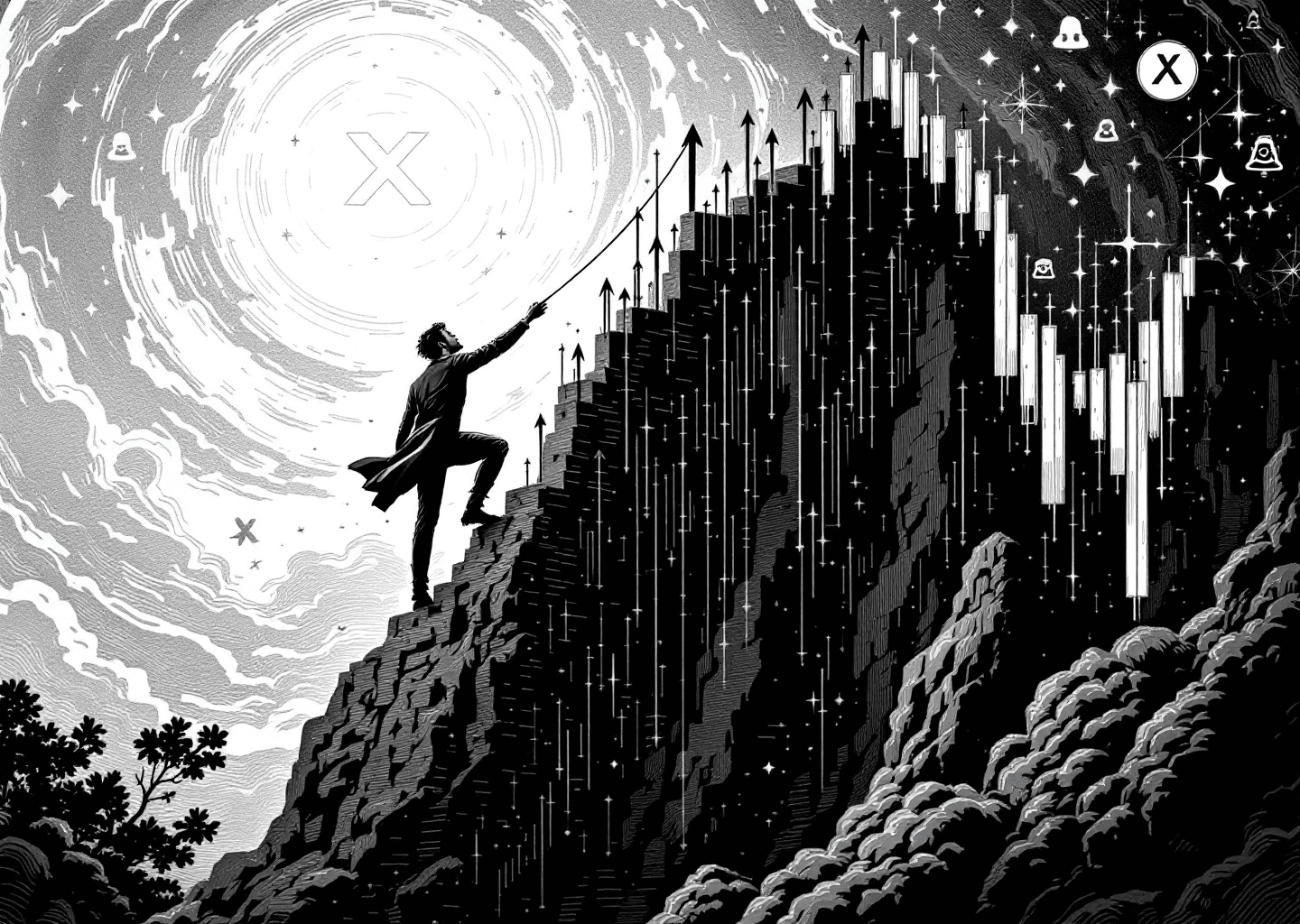Victorian engraving style illustration of a figure climbing a steep, upward-trending stock chart that morphs into a social media timeline. In the background, subtle elements of the X logo, notification bell icons, and neural network patterns are etched into the sky. The overall tone is one of methodical, intellectual growth and progress.