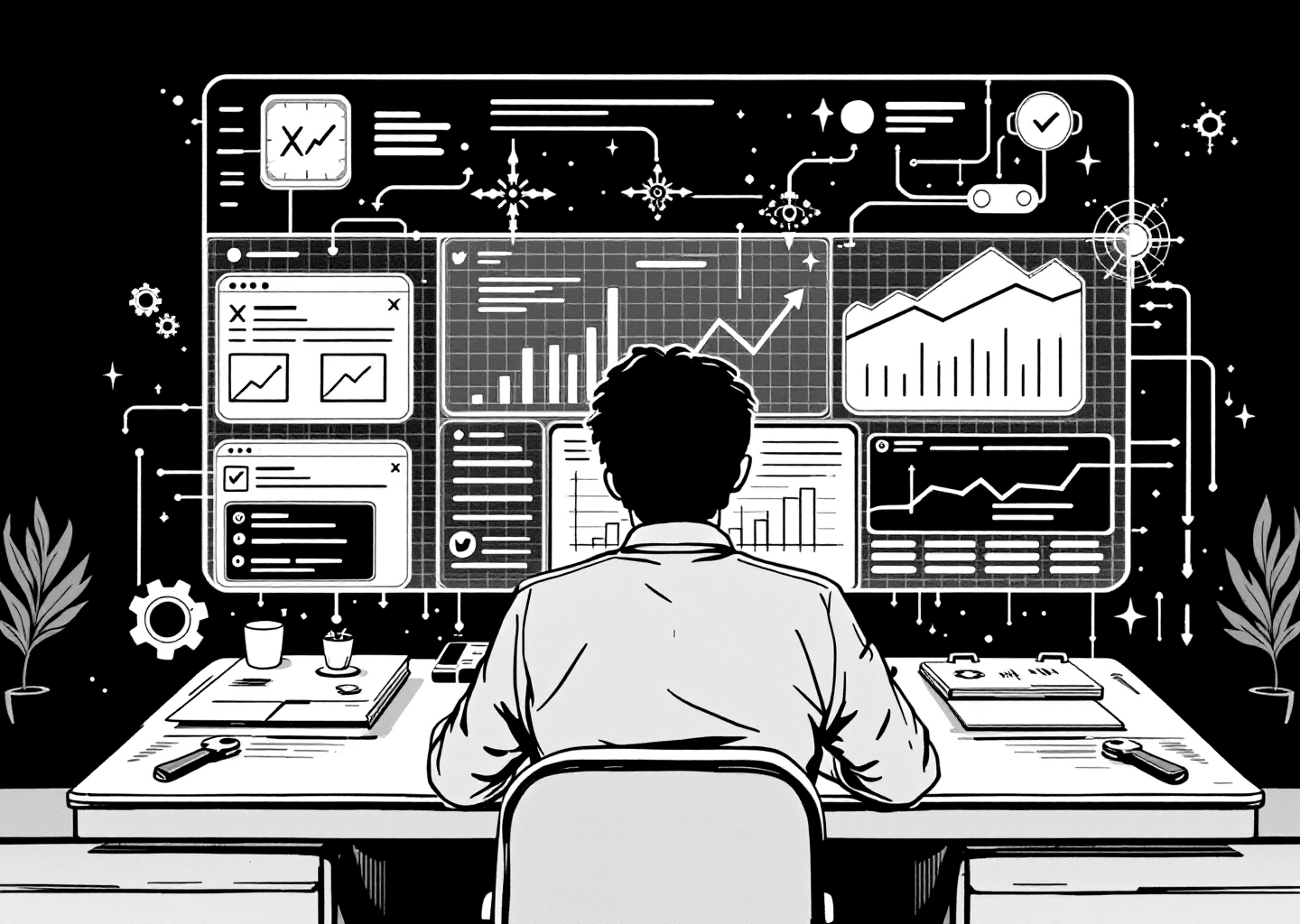 A Victorian engraving style illustration of a creator at a futuristic dashboard. The dashboard displays X/Twitter interface elements, growth charts with upward arrows, and glowing neural network patterns. A subtle gear and wrench icon are integrated into the desk, symbolizing tools. The creator's silhouette is focused, representing strategic management.