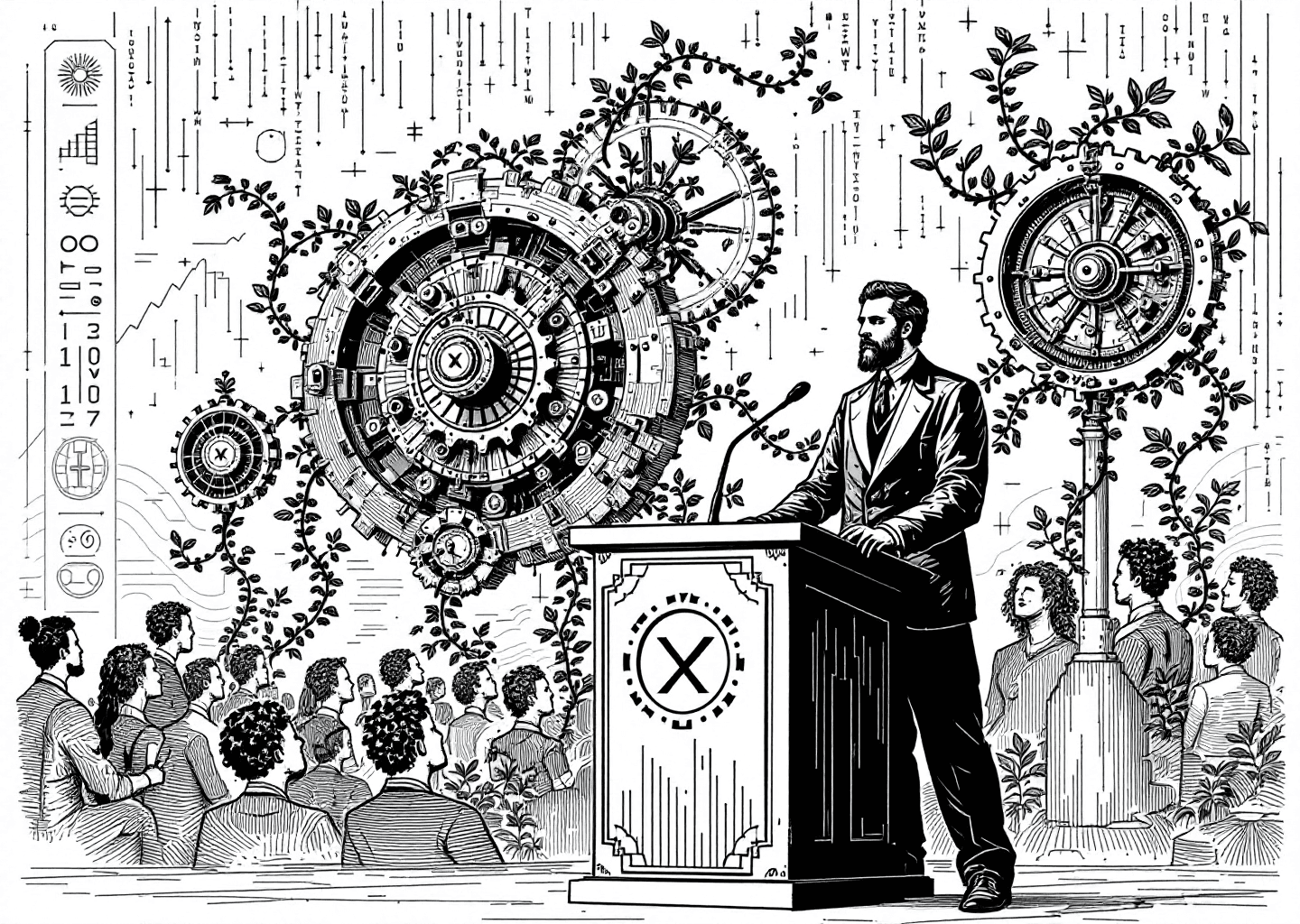 A detailed Victorian engraving illustration. A central figure, representing a solopreneur, stands at a lectern engraved with a subtle 'X' logo. They are presenting to a crowd whose heads are notification bell icons. Behind the figure, a large gear system is intertwined with growing plant vines and upward-trending stock charts. In the background, a subtle pattern of neural networks and binary code suggests an AI influence. The style is classic, black and white, with intricate cross-hatching.