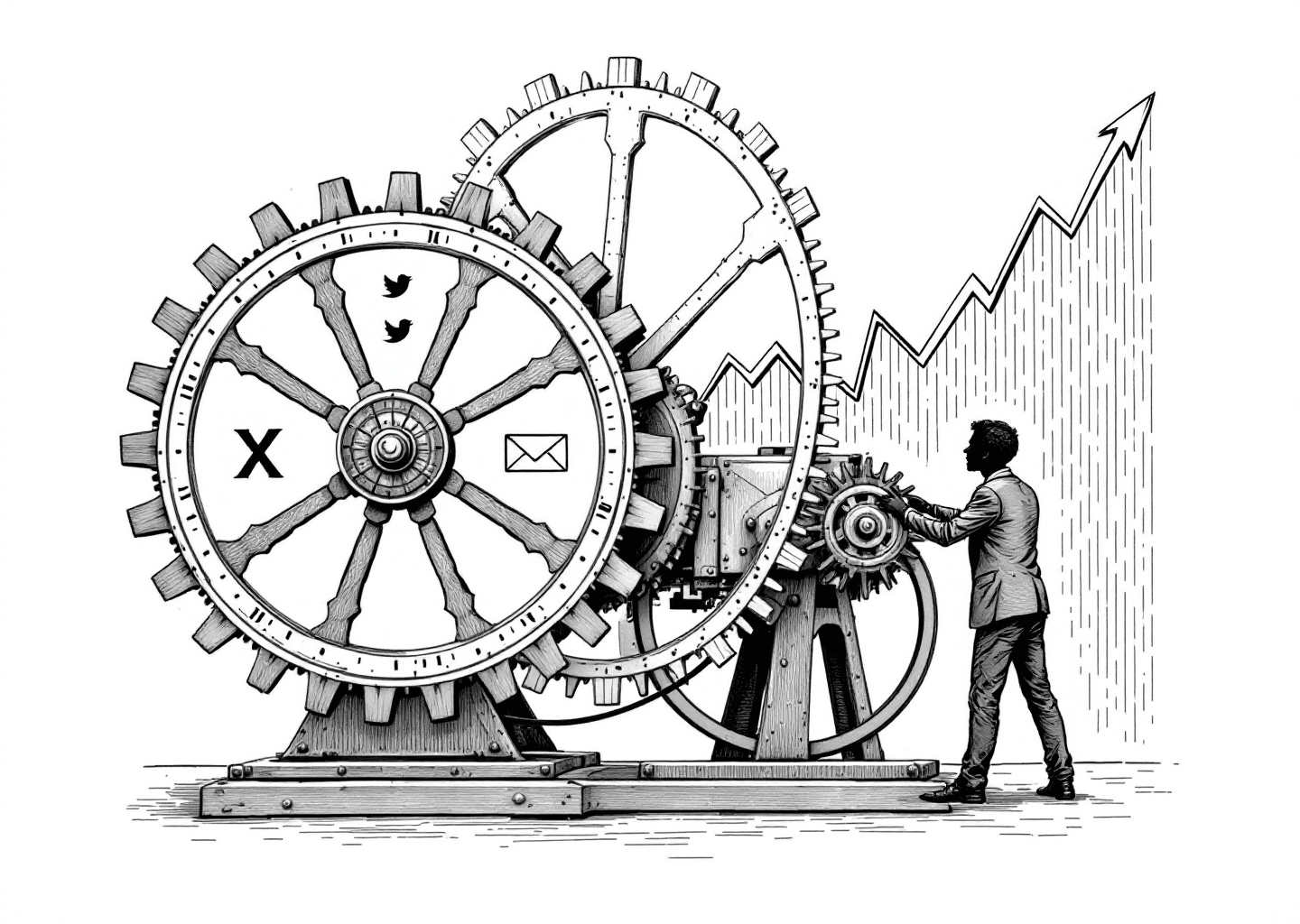 A Victorian engraving style illustration depicting a flywheel mechanism. One side of the wheel features the X logo and small tweet icons, while the other side shows an envelope and newsletter symbols. An upward trending graph is subtly integrated into the background, with a silhouette figure turning the crank of the flywheel, representing a creator's effort.