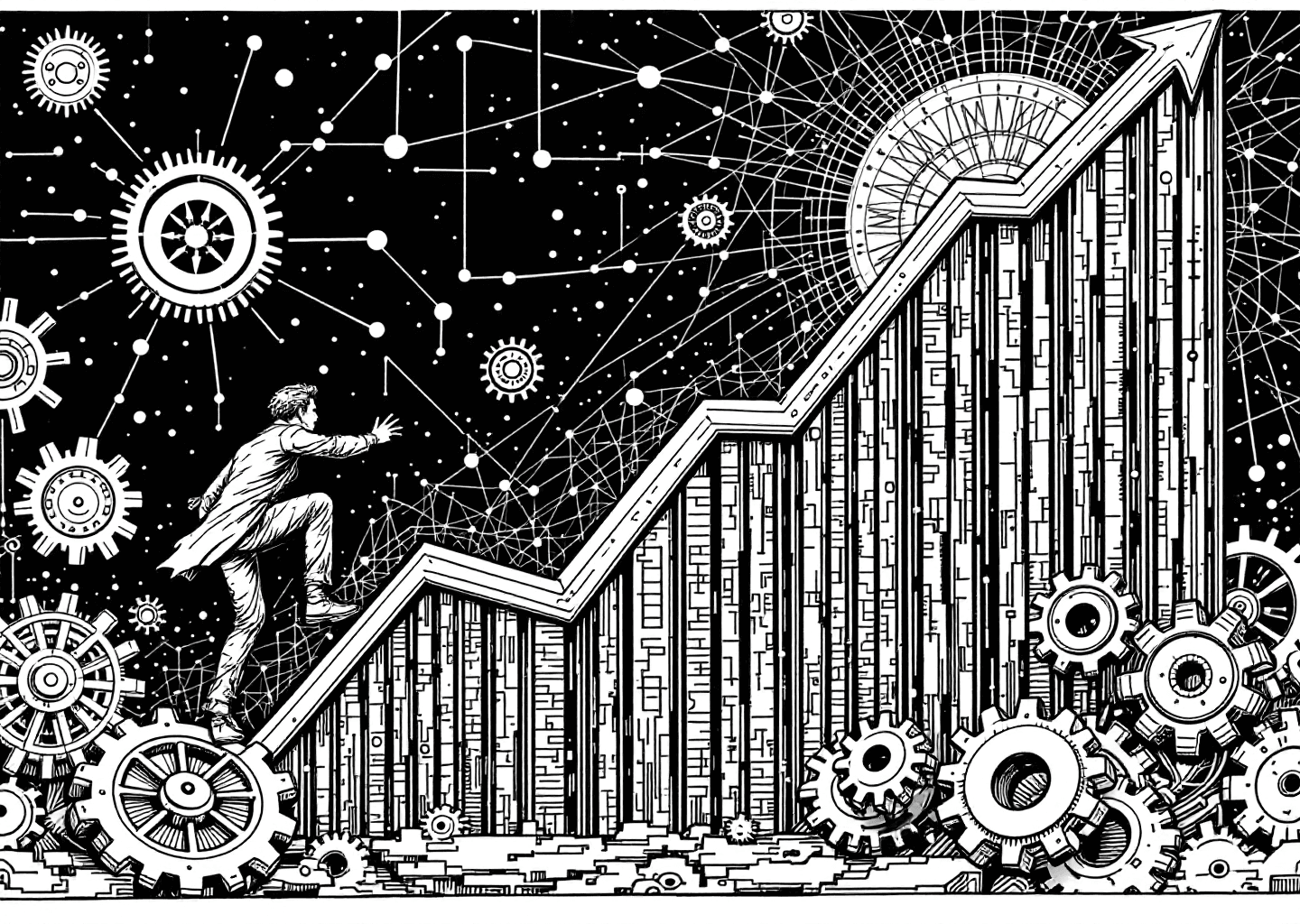A Victorian engraving style illustration showing a figure climbing a steep, upward-trending stock chart. The chart is composed of a subtle X/Twitter timeline feed. In the background, faint neural network patterns and mechanical gears are visible, symbolizing AI and tools. The color palette is black, white, and a single accent color like antique gold.