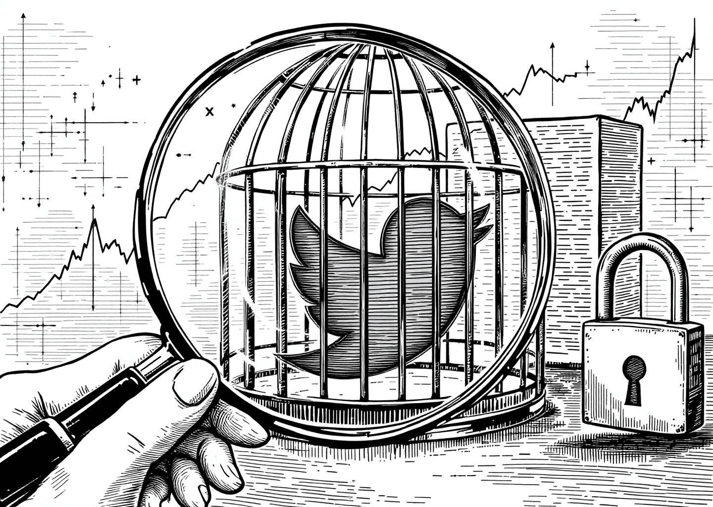 Victorian engraving style illustration. A magnifying glass hovers over an X/Twitter logo that is partially trapped inside a translucent cage. A hand holding a key approaches the cage's lock. In the background, subtle upward-trending chart lines and digital neural patterns are visible. Clean, detailed linework.