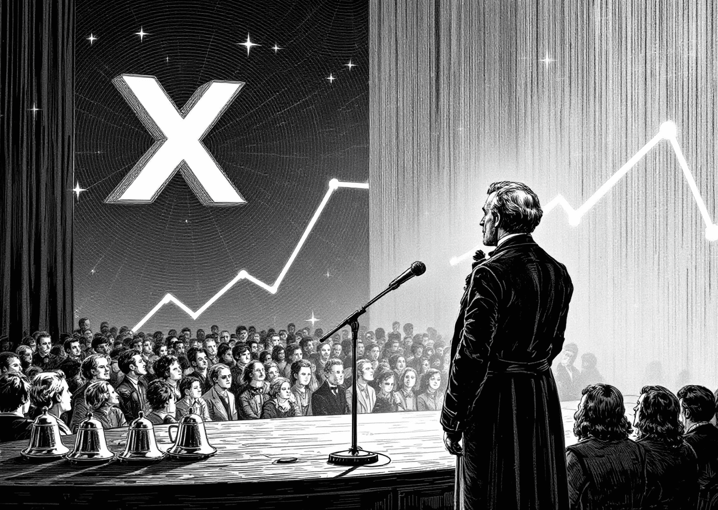Victorian engraving style illustration of a figure speaking into a vintage microphone on a stage. In the background, abstract elements blend: a subtle X logo, upward-trending charts, and faint neural network patterns. The audience is represented by rows of notification bell icons. The overall aesthetic is detailed, intellectual, and conveys authority and growth.
