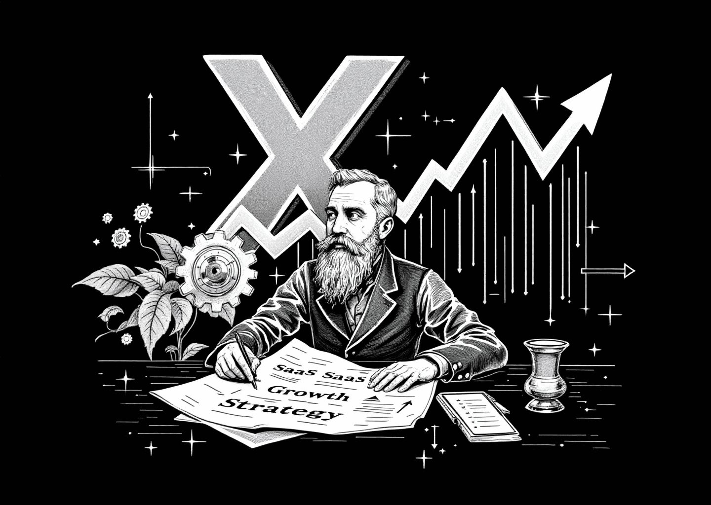 A Victorian engraving style illustration showing a founder figure at a desk. In the background, a large 'X' logo is intertwined with an upward-trending stock chart. On the desk, a blueprint is laid out, labeled 'SaaS Growth Strategy'. Subtle digital patterns and gear icons are integrated into the scene, symbolizing technology and process.
