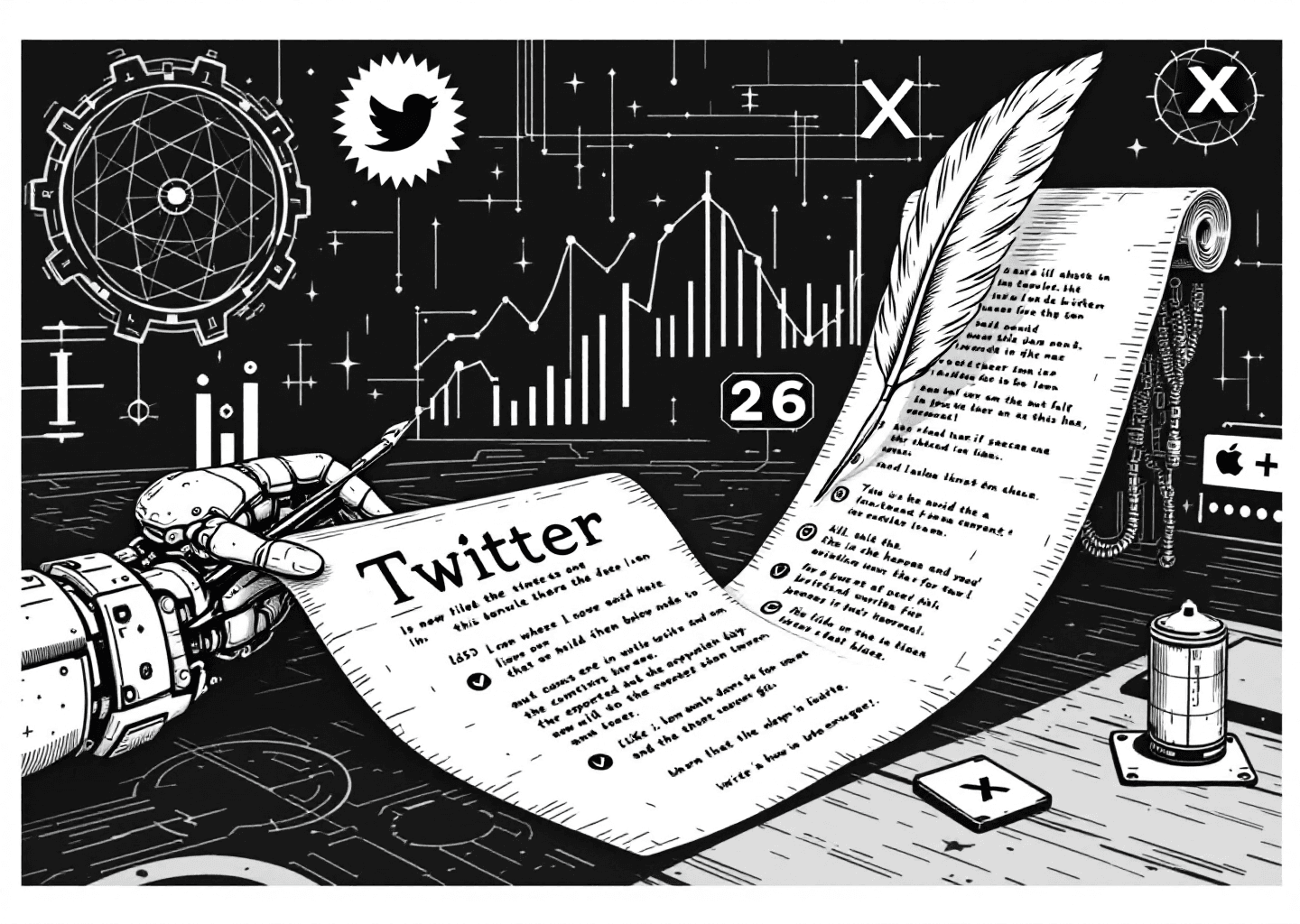 A Victorian engraving style illustration showing a robotic hand with a quill pen writing on a long, scrolling parchment that resembles a Twitter timeline. In the background, there are subtle elements of neural networks, upward-trending graphs, and the X logo etched into a gear. The style is detailed, monochromatic, and technical.