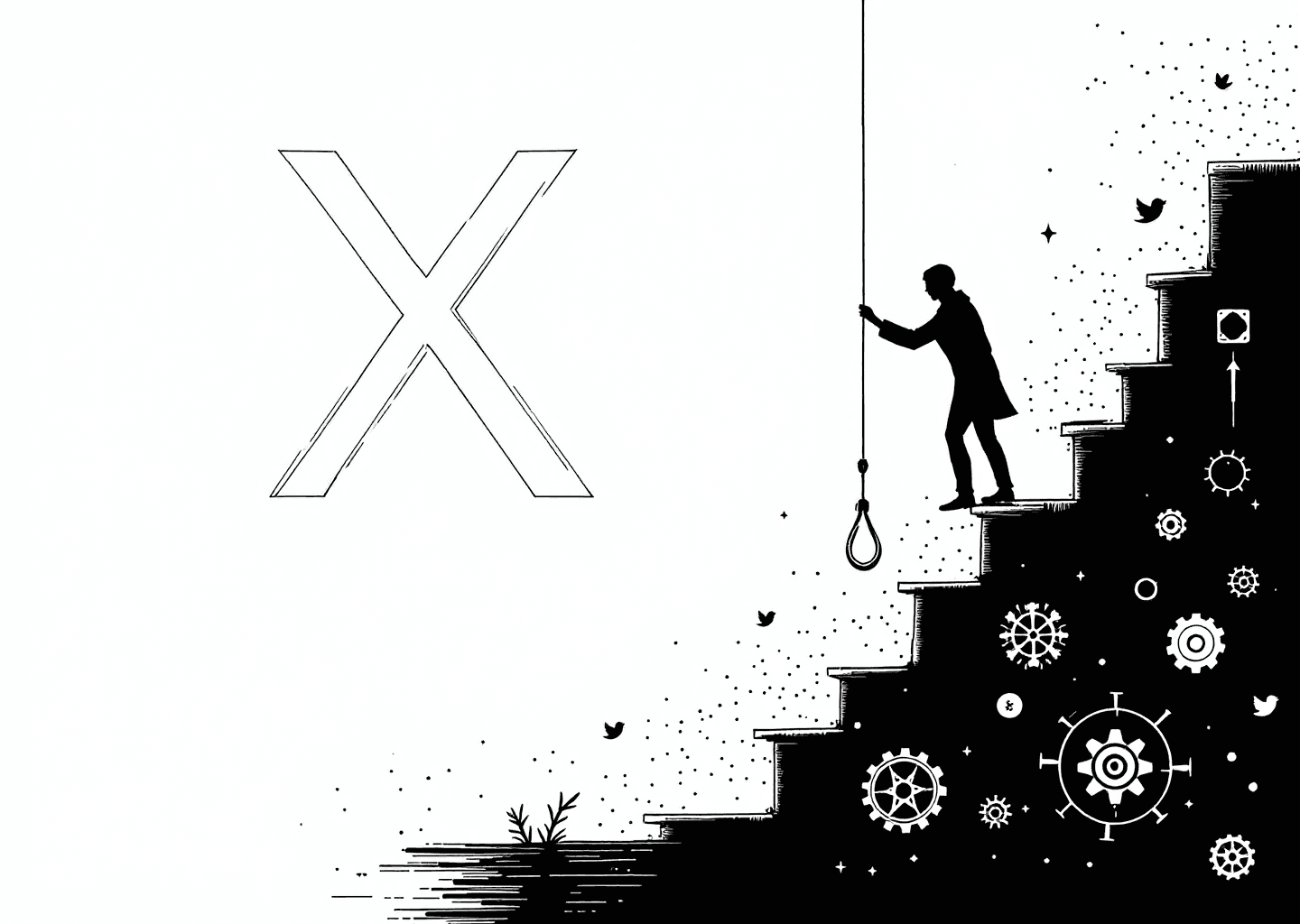 A Victorian engraving style illustration. A prominent 'X' logo is at the center, with a fishing hook pulling up a glowing engagement chart. In the background, a silhouette figure climbs a staircase made of tweets, with subtle neural patterns and gears integrated into the scene. Minimalist, high-contrast, black and white.