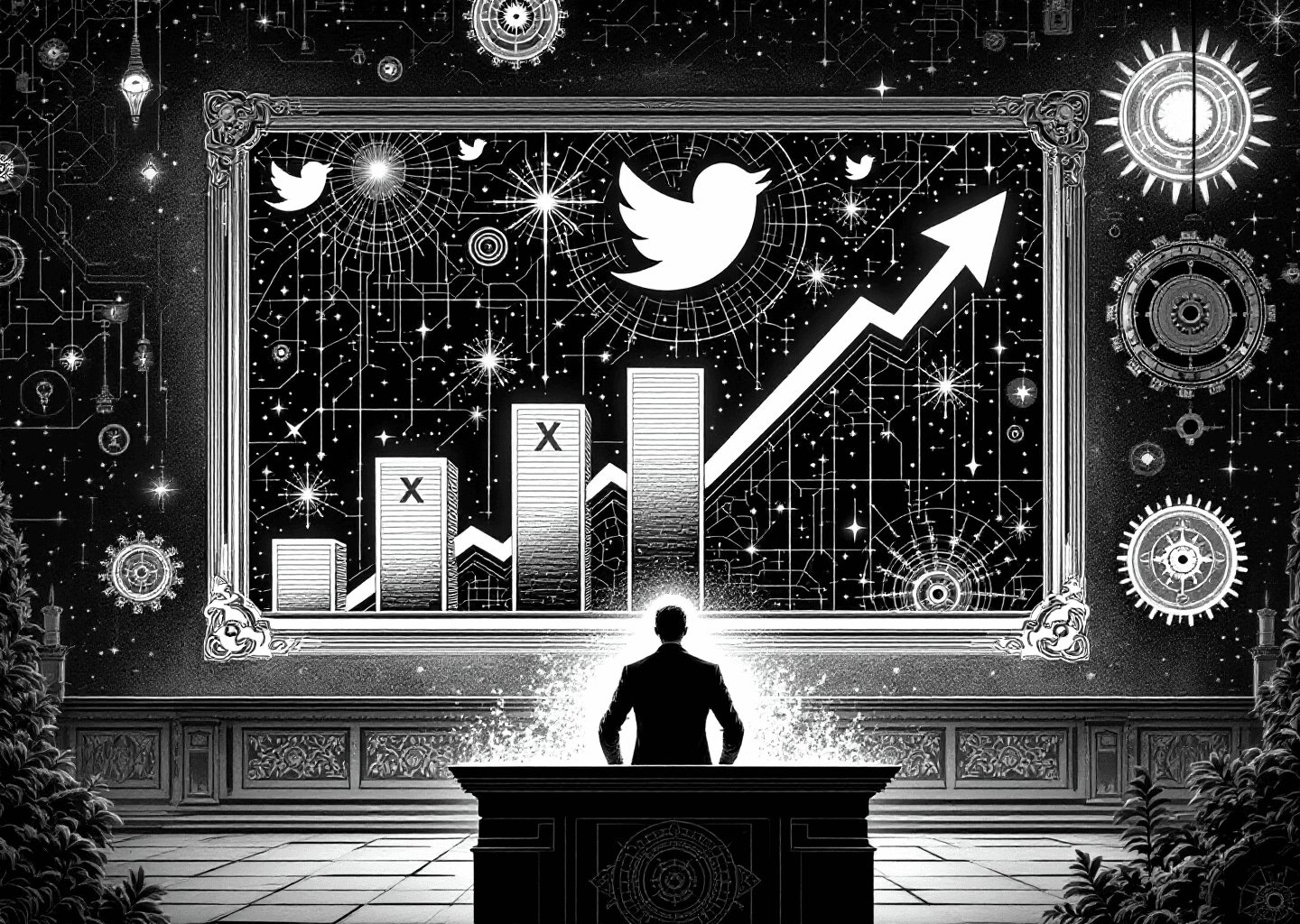 A Victorian engraving style illustration. A central figure, representing a creator, stands at a lectern made of glowing digital blocks. Behind them, a large, intricate chart shows dramatic upward growth, with X/Twitter bird logos morphing into upward arrows. In the background, subtle neural patterns and gear-like mechanisms are etched into the scene, symbolizing AI and strategic tools working in harmony.