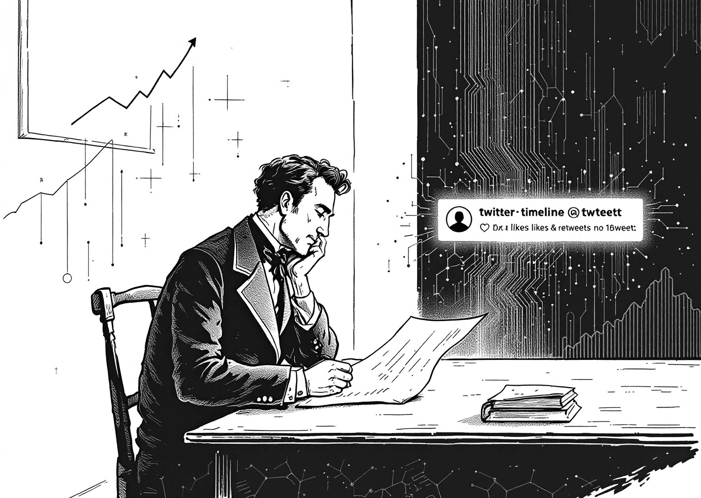 Victorian engraving style illustration of a writer at a desk. The writer is looking at a glowing, holographic X/Twitter timeline emerging from a piece of paper. The timeline shows a thread with icons for likes and retweets. In the background, subtle neural network patterns and upward-trending charts are etched into the wall. Monochromatic, highly detailed, with a focus on the act of creation meeting digital growth.