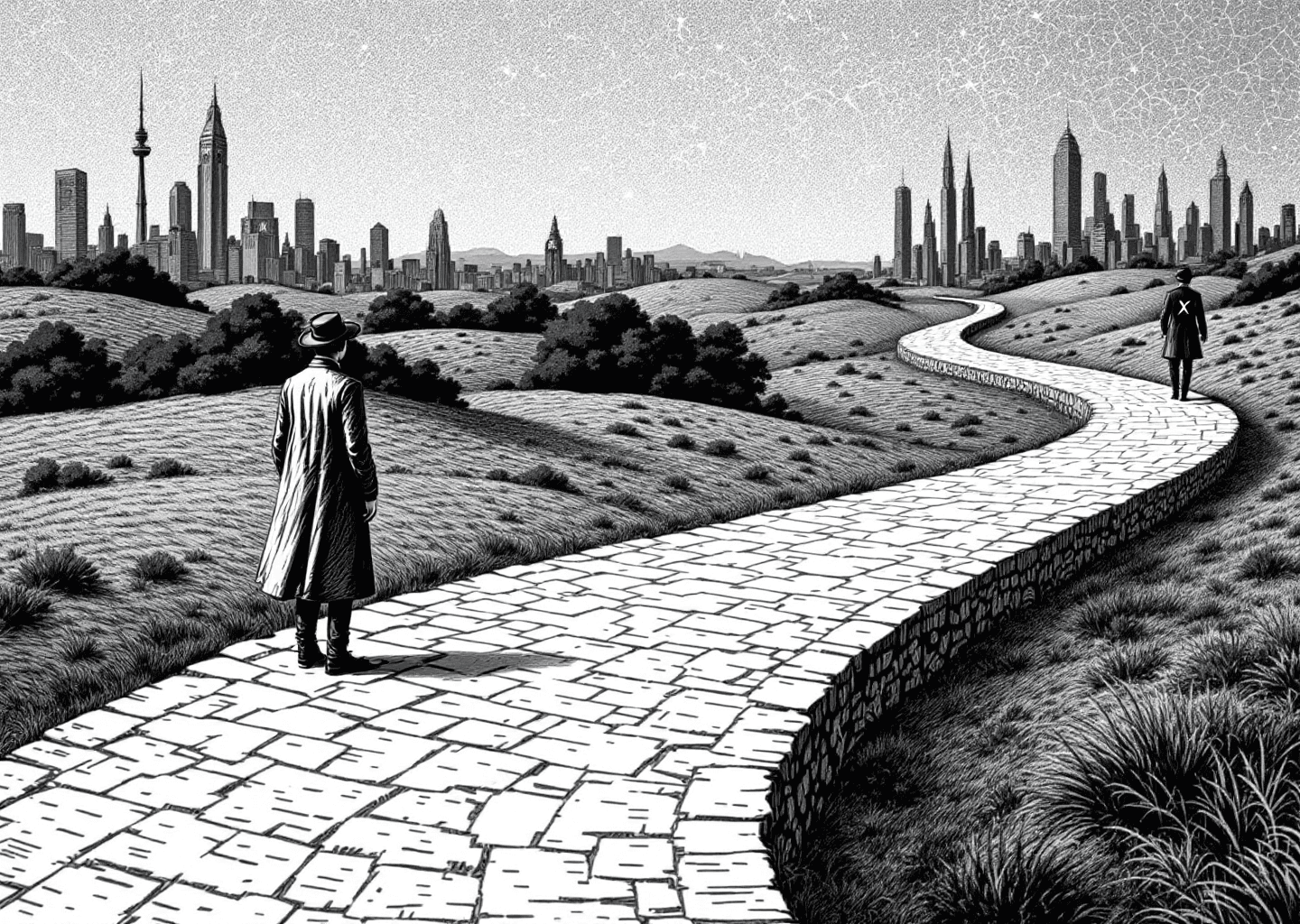 A Victorian engraving style illustration showing a figure at a crossroads. One path leads to a simple, clean writing desk (symbolizing Typefully). The other path, marked with glowing 'X' logos and upward-trending charts, leads to a futuristic cityscape with neural patterns in the sky (symbolizing AI-powered growth with XPatla). The style is intricate, black and white, with high contrast.