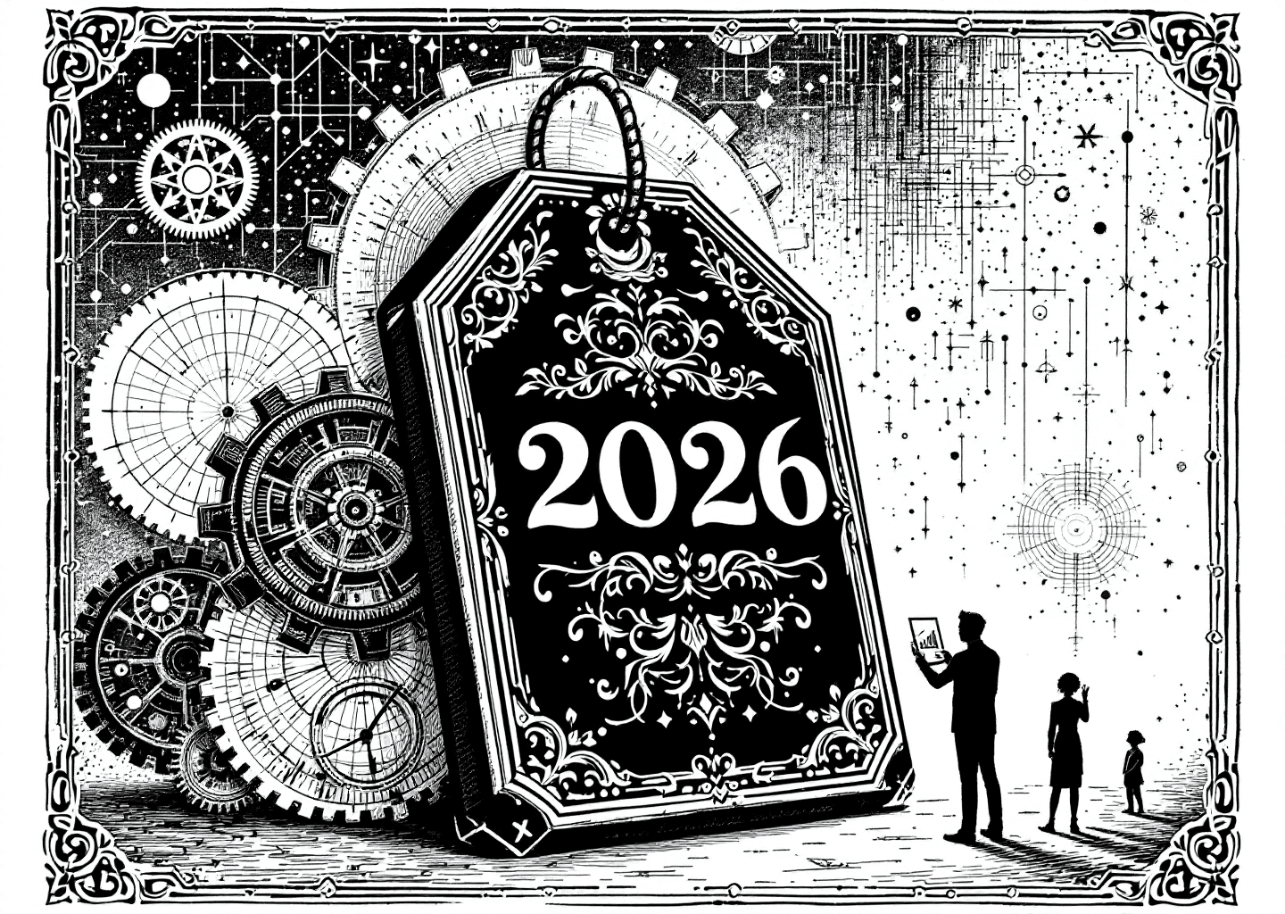 Victorian engraving style illustration. A large, ornate price tag is the central focus. On the tag, the text '2026' is prominent. Behind the tag, subtle elements of the X/Twitter logo are intertwined with mechanical gears and a faint digital neural network pattern. A silhouette figure is seen analyzing a small growth chart in the corner. Black and white, intricate line work, high detail.