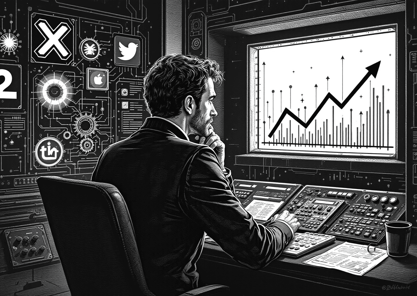 Victorian engraving style illustration of a thoughtful figure at a complex control panel. The panel features glowing X/Twitter logos, neural network patterns, and gears. Outside a window, a chart with an upward-trending arrow soars into a digital sky. The style is detailed, technical, yet classic.