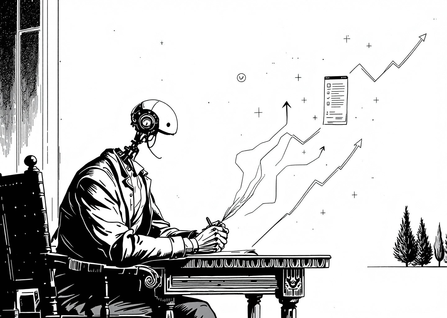A Victorian engraving style illustration. A figure at a classic writer's desk holds a quill, but the quill is connected by glowing digital wires to a subtle, schematic robot brain floating above. In the background, an abstract representation of an X/Twitter feed scrolls upwards, with upward-trending charts and notification icons integrated into the design. The mood is one of industrious, intelligent augmentation.