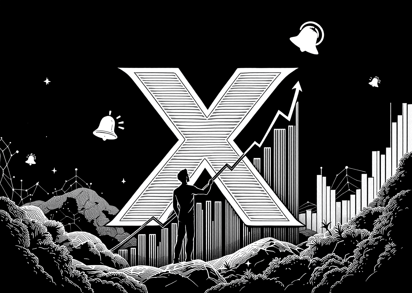 A Victorian engraving style illustration. A prominent 'X' logo is at the center, with upward-trending charts and graphs growing from it. A silhouette of a person is climbing one of the chart lines. In the background, subtle neural network patterns and notification bell icons are etched into the scene, blending technology with classic art.