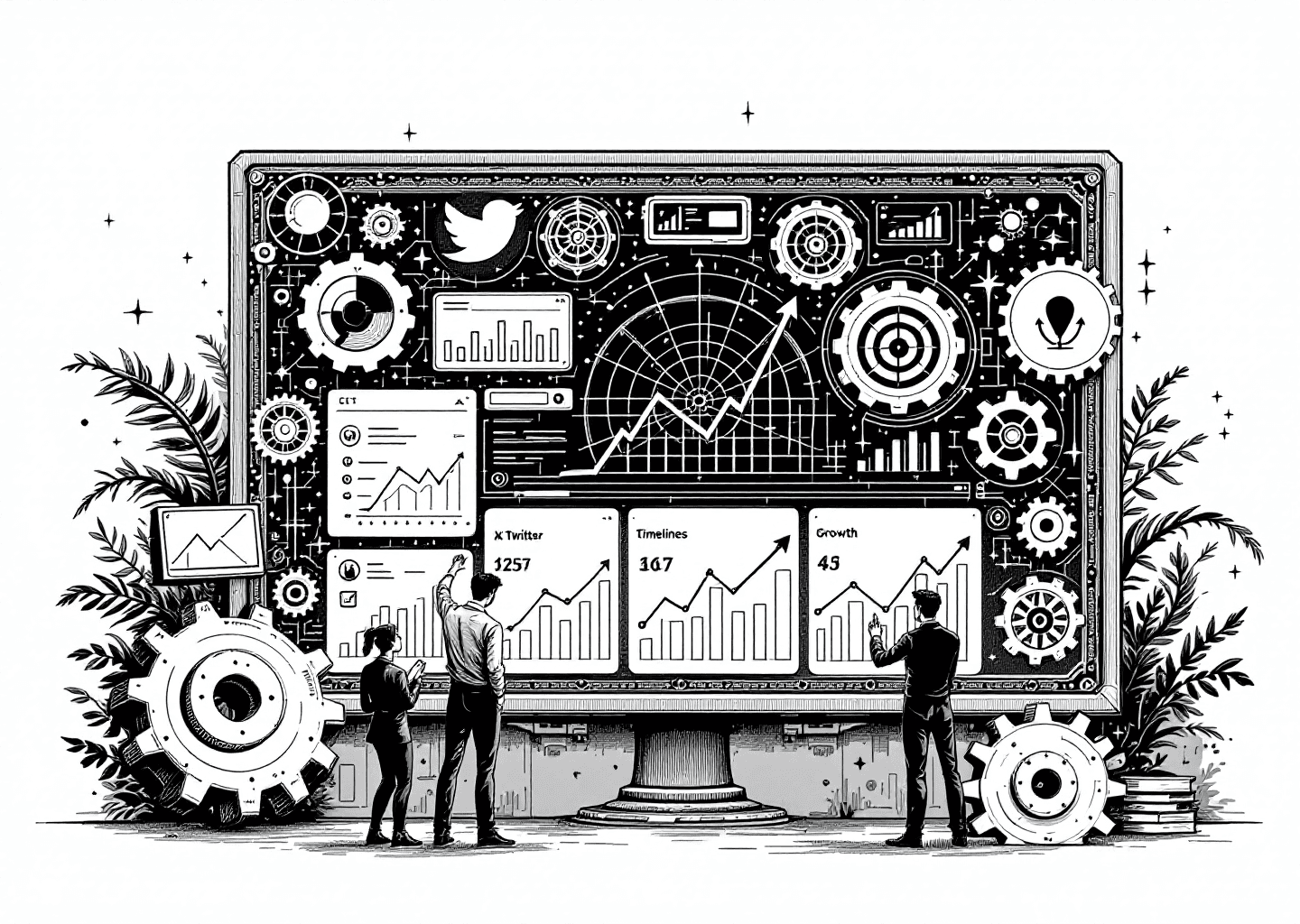 Victorian engraving style illustration of a team of professionals collaborating around a large, intricate dashboard showing multiple X/Twitter timelines and growth charts. Gears and cogs are integrated into the design, with subtle AI neural network patterns in the background. Upward-trending arrows are visible on the charts, symbolizing growth. Clean, black and white, high detail.