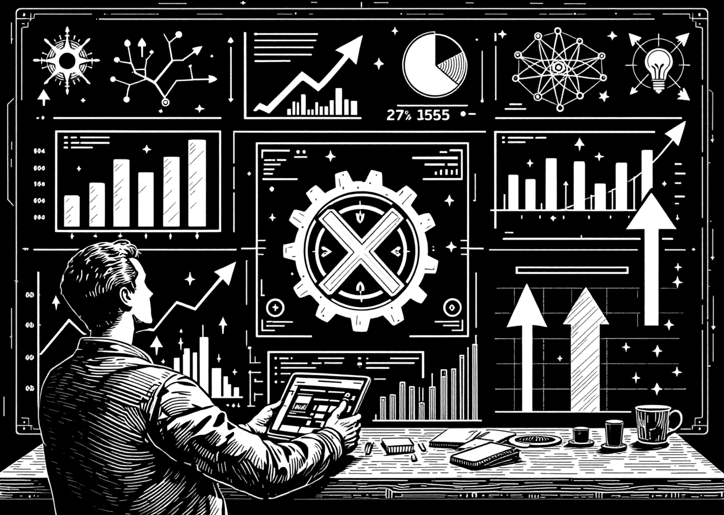A Victorian engraving style illustration showing a complex dashboard with charts and graphs. In the center, a stylized 'X' logo made of gears is being observed by a silhouette figure. Upward trending arrows and subtle neural network patterns are integrated into the background, conveying themes of growth, technology, and analysis.