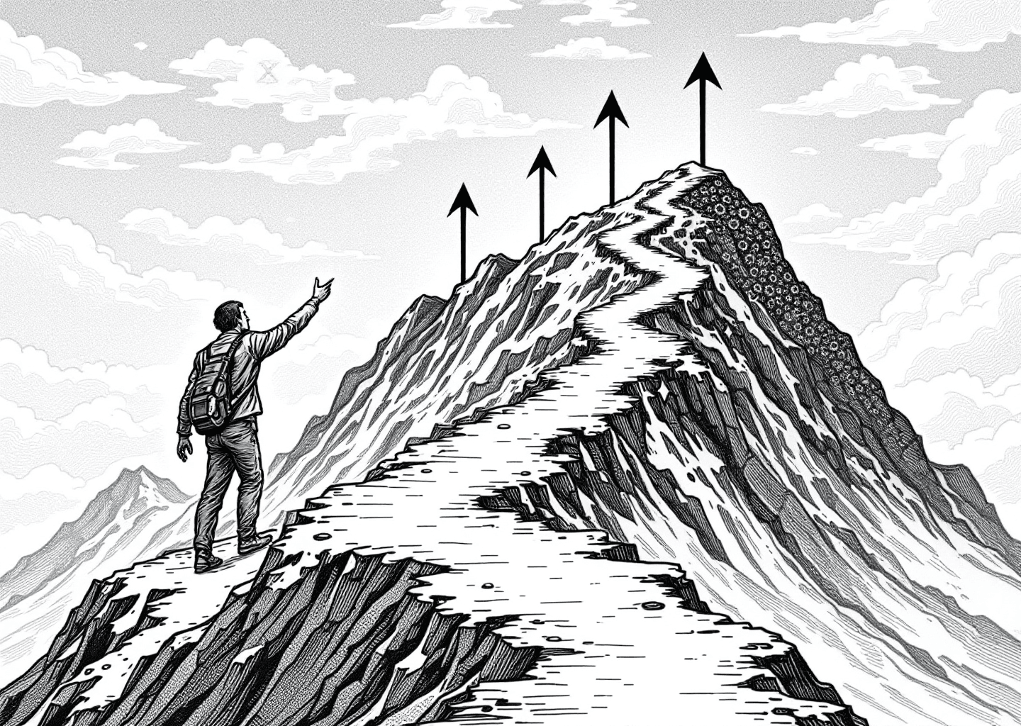 Victorian engraving style illustration of a figure comparing different paths up a mountain. One path has gears (tools), another has glowing neural patterns (AI). In the sky, the X logo is subtly integrated into clouds. The overall theme is choice and strategy, with upward arrows indicating growth.