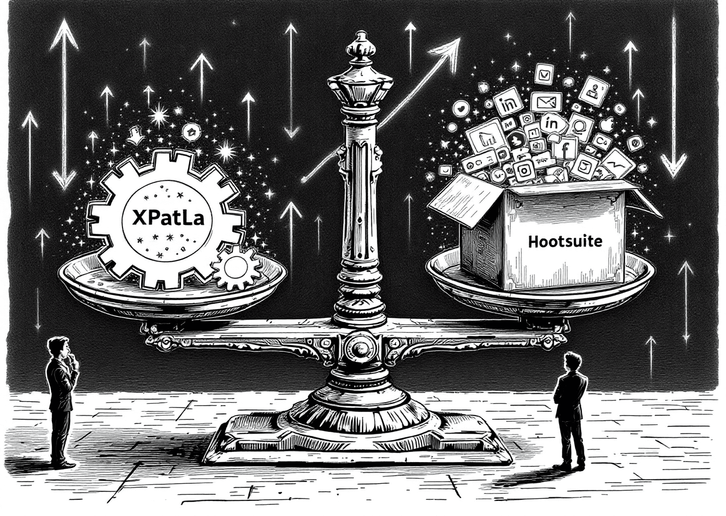 Victorian engraving style illustration. A large, ornate scale balances two objects. On one side, a simple, glowing gear labeled 'XPatla' with neural patterns inside. On the other side, a complex, heavy box labeled 'Hootsuite' with multiple social media icons spilling out. Upward arrows and growth charts are subtly etched in the background. A silhouette figure is thoughtfully observing the scale.