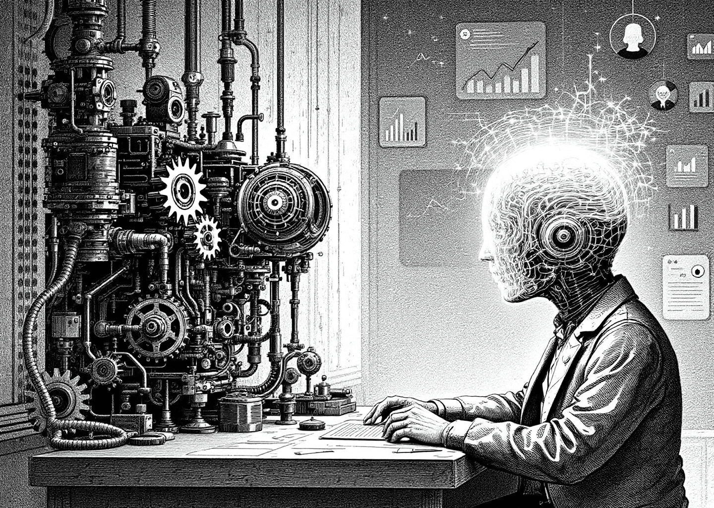 Victorian engraving style illustration of a creator at a desk. On the left, a complex machine with gears and levers representing automation. On the right, a glowing, ethereal AI head with neural patterns interacting with the creator. In the background, subtle elements like the X app logo, rising charts, and notification icons, creating a 'versus' composition.