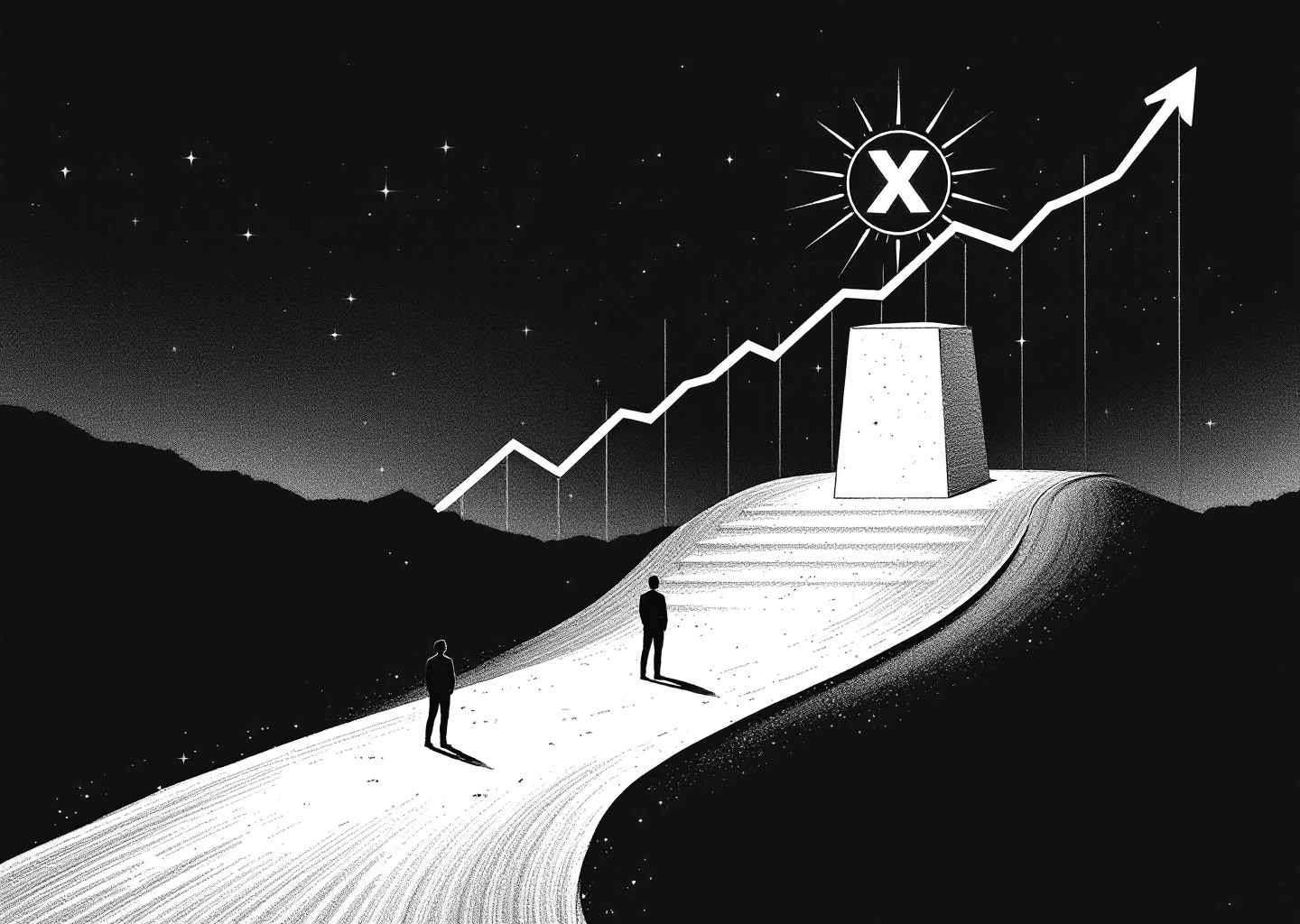 Victorian engraving style illustration of a choice between two paths. One path leads to a complex dashboard with many small icons (Facebook, Instagram, LinkedIn), representing a generalist tool. The other path leads to a single, glowing X logo on a pedestal, representing a specialist tool. An upward growth chart is subtly integrated into the background. A silhouette figure stands at the fork, contemplating the choice. Minimalist, clean lines.