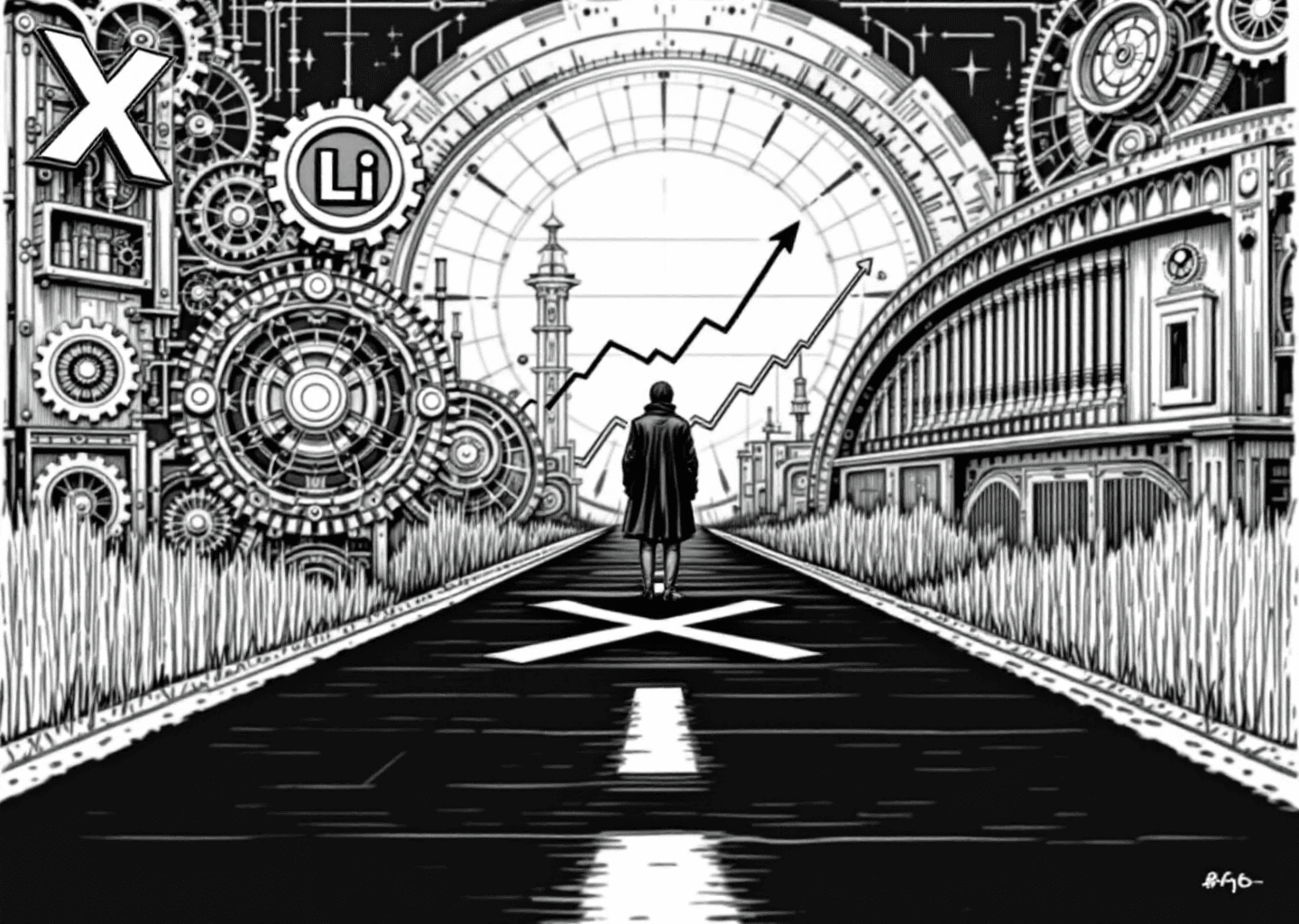 Victorian engraving style illustration. A figure stands at a crossroads, one path leading to a large 'X' logo, the other to a 'Li' logo. In the background, an intricate clockwork mechanism with gears and neural network patterns powers an upward-trending growth chart. The scene is detailed, monochromatic, and has a sense of strategic decision-making.